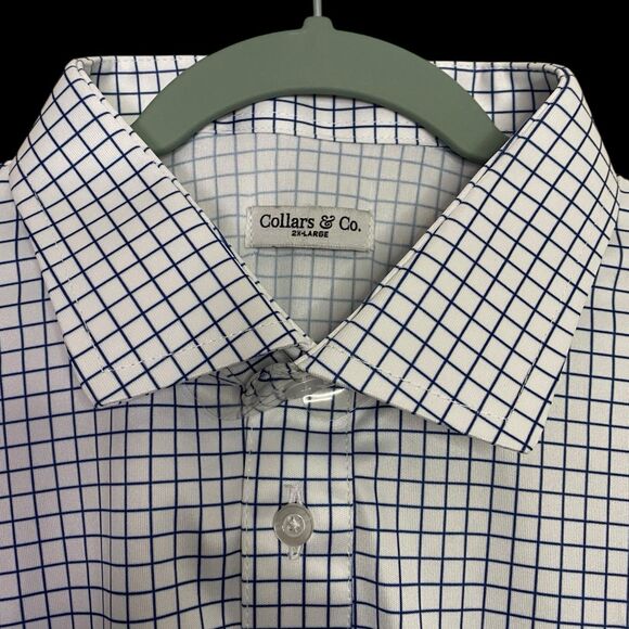Collars & Co Polo Shirt Mens 2XL Navy Blue Grid Check Plaid Preppy Stretch Dress